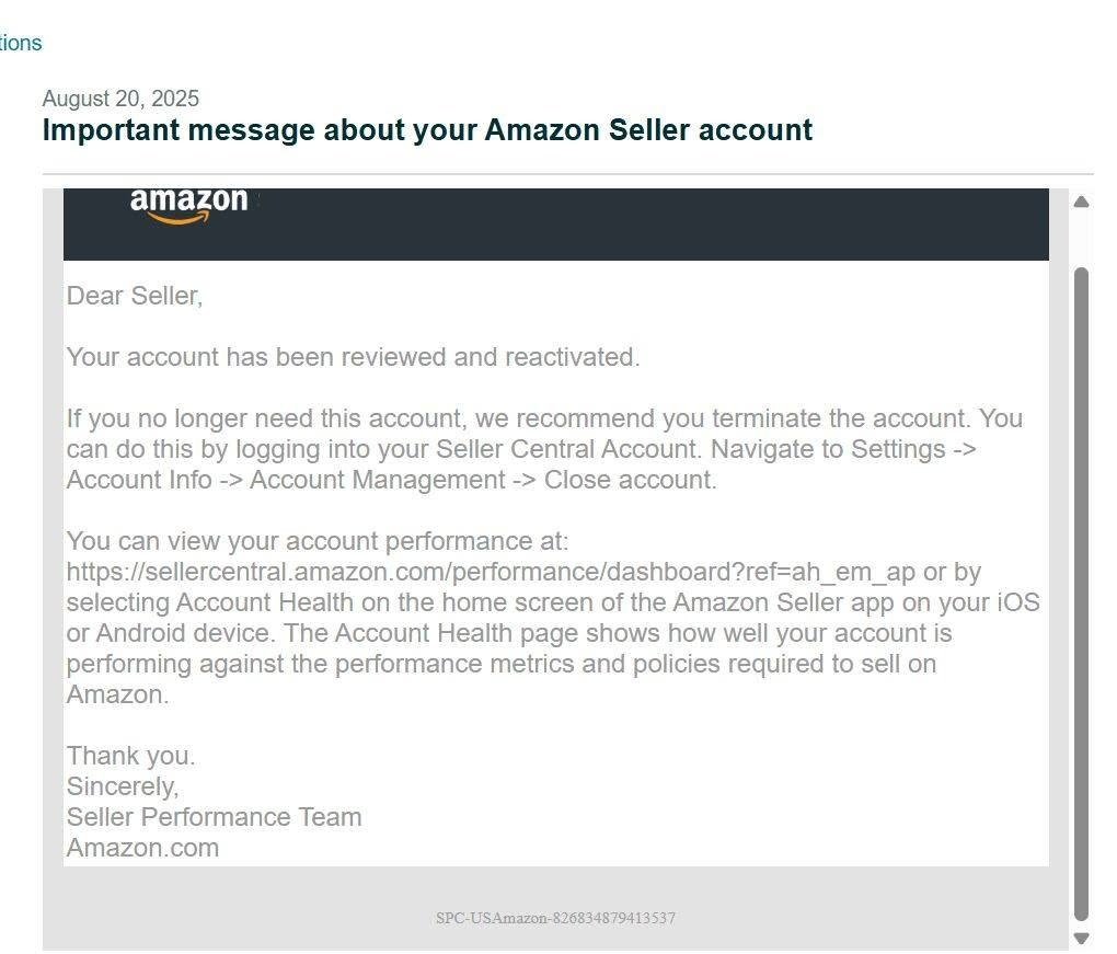 Official Amazon.com Seller Account Reactivation Notice